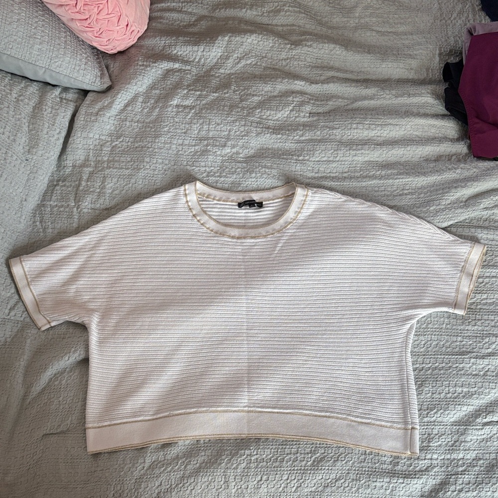 Adrianna Papell Cream Knit Short Sleeve Sweater with Metallic Trim